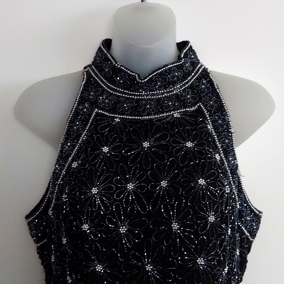 Vintage Papell Boutique Evening Black & Silver Beaded Trapeze Halter Top Size M - Picture 3 of 16